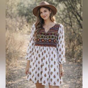 Boho Babydoll Mini Dress Embroidered Bodice Festival Western Cottagecore M Umgee